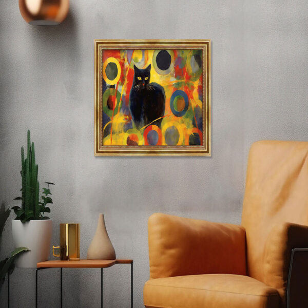 Schwarze Kater im Wassily Kandinsky Stil Leinwand Bild mit Goldrahmen