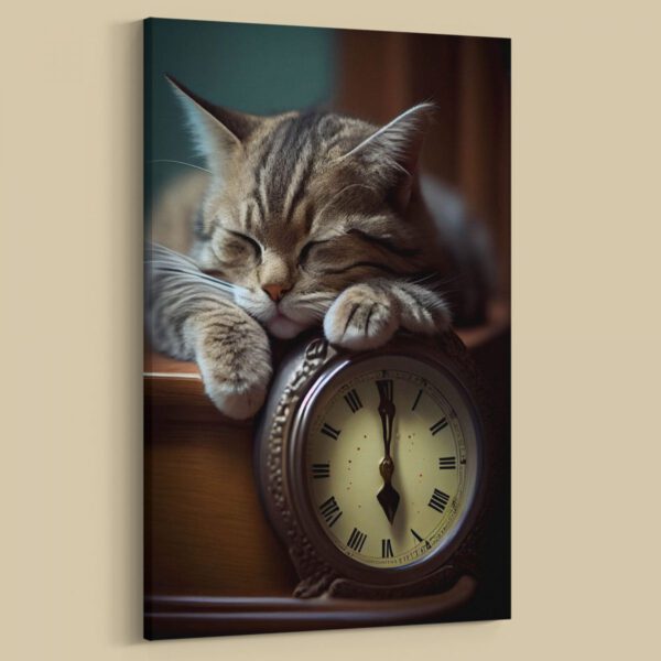 Graue Katze schläft auf dem Wecker Leinwandbild oder Fotoposter