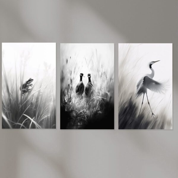 Tiere im Gras Schwarz Weiß Zeichnungen 3er Bilder Set ohne Bilderrahmen