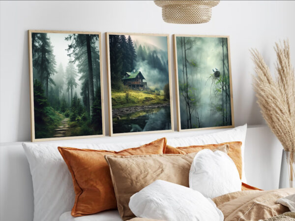 Deutscher Wald 3er Bilder Set ohne Bilderrahmen für Wohnzimmer Schlafzimmer Büro