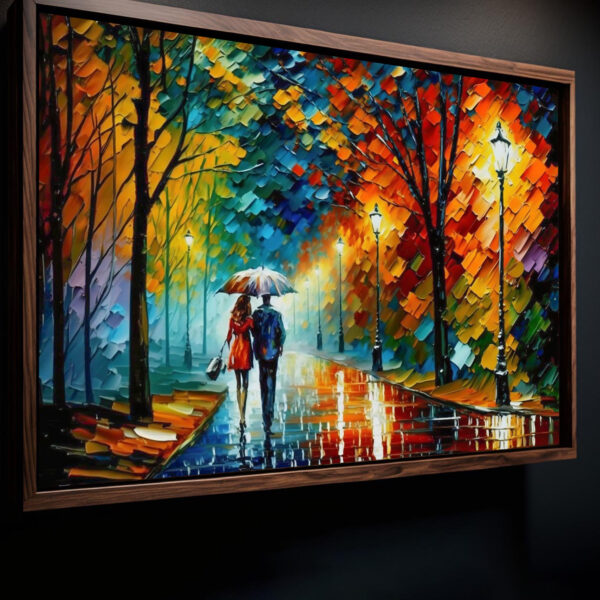 Liebespaar im Regen Gemälde als Kunstdruck auf Leinwand mit Rahmen