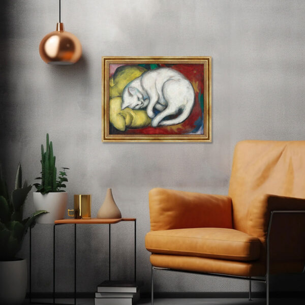Die weiße Katze (Kater auf gelbem Kissen) Marc Franz Leinwand Bild mit goldenem Rahmen