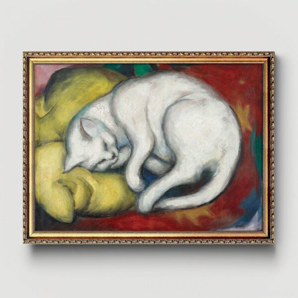 Die weiße Katze (Kater auf gelbem Kissen) Marc Franz Leinwand Bild mit goldenem Rahmen