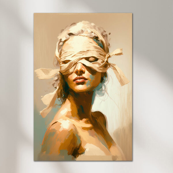 Blonde Frau mit Augenbinde als Poster, Leinwandbild Bild mit Rahmen