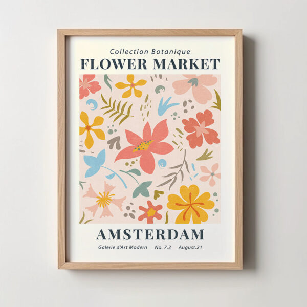 Flower Market - Blumenmarkt Amsterdam Kunstdruck Bild mit Holzrahmen Eiche