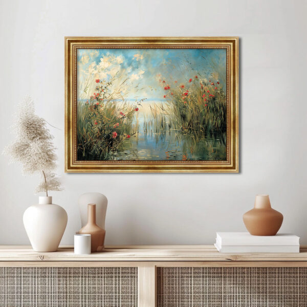 Gräser am Wasser Leinwand Bild mit Goldrahmen Wandbild als Dekoration