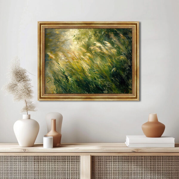 Gräser Traum in Grün Gold Leinwand Bild mit Goldrahmen Wandbild als Dekoration