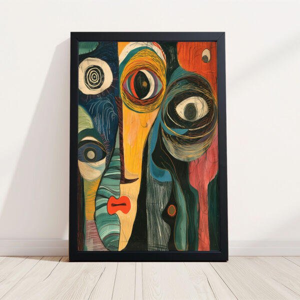 Abstrakte farbenfrohe Gesichter als Kunstdruck mit Holzrahmen